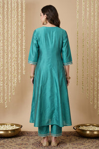 Teal Yarn Dyed Embroidered A-line Kurta