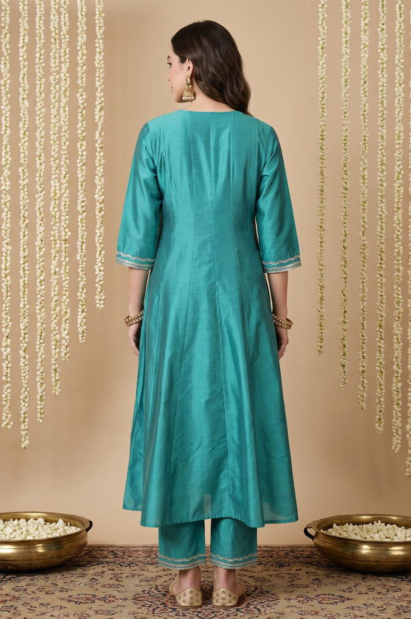 Teal Yarn Dyed Embroidered A-line Kurta