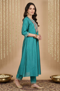 Teal Yarn Dyed Embroidered A-line Kurta