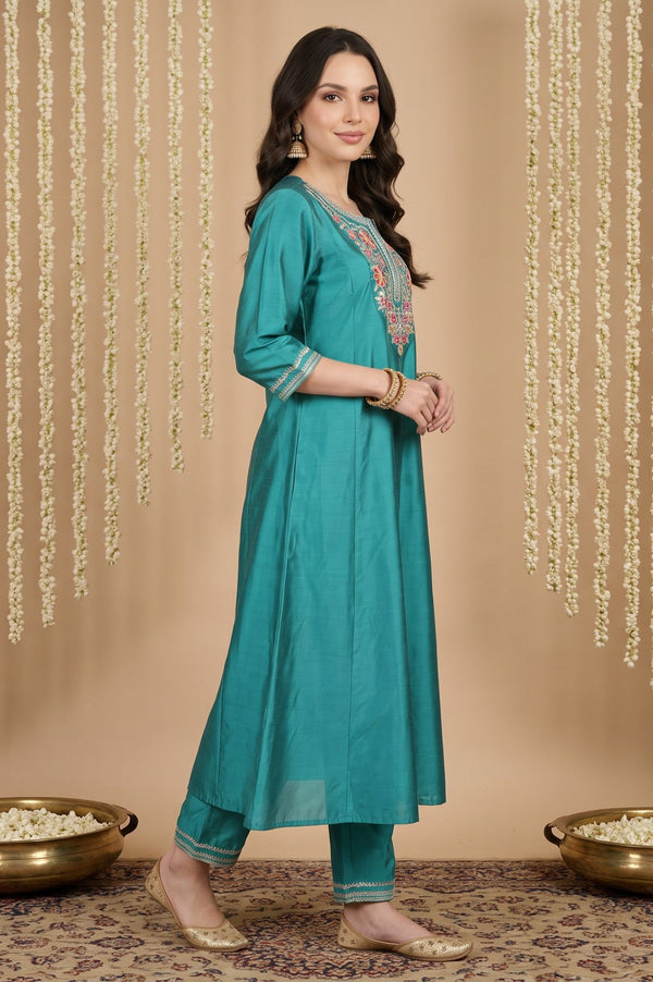 Teal Yarn Dyed Embroidered A-line Kurta