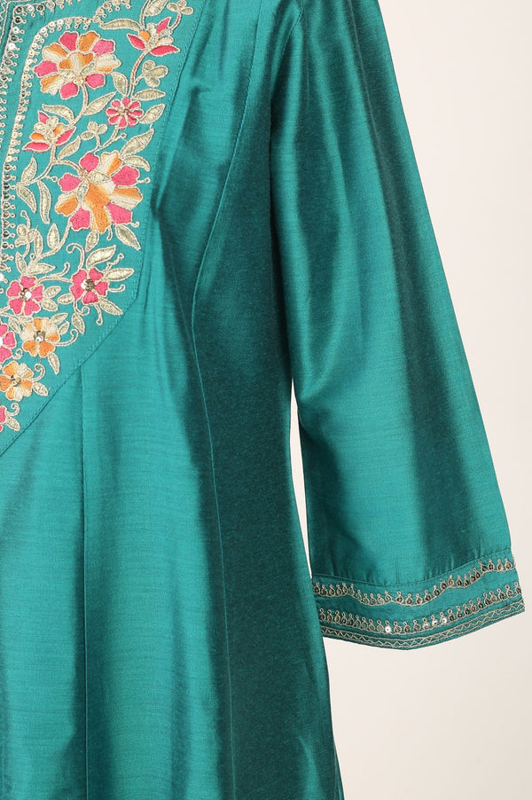 Teal Yarn Dyed Embroidered A-line Kurta