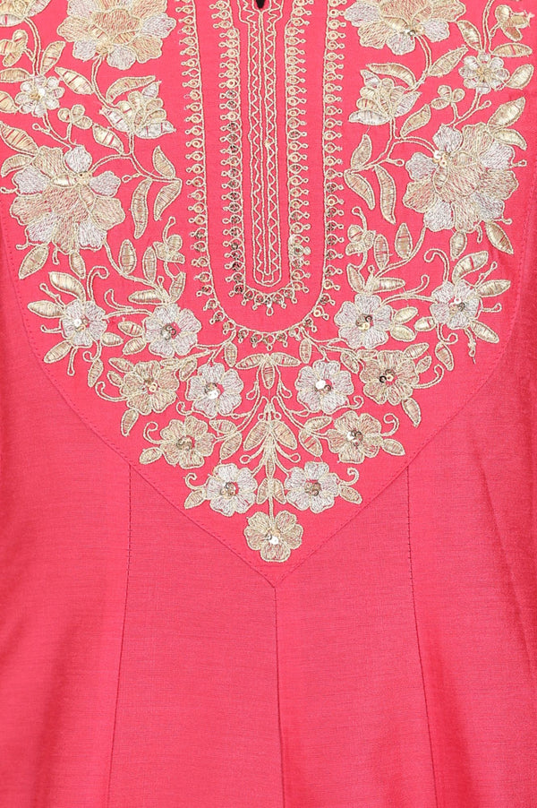 Pink Yarn Dyed Zari Embroidered A-line Kurta