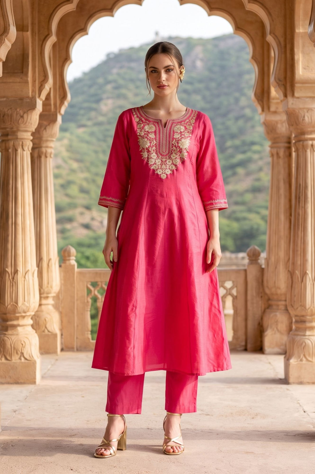 Pink Yarn Dyed Zari Embroidered A-line Kurta