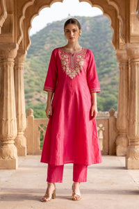 Pink Yarn Dyed Zari Embroidered A-line Kurta