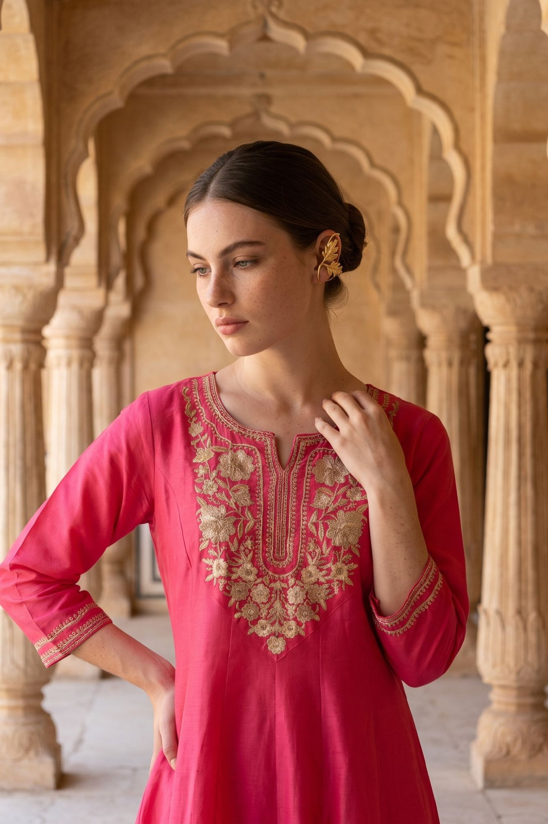 Pink Yarn Dyed Zari Embroidered A-line Kurta