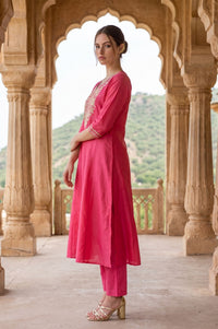 Pink Yarn Dyed Zari Embroidered A-line Kurta