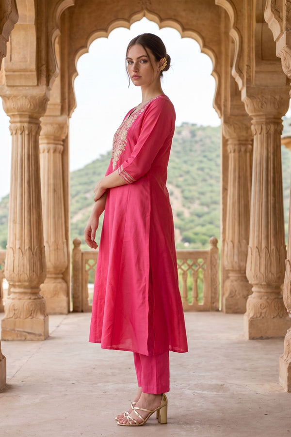 Pink Yarn Dyed Zari Embroidered A-line Kurta
