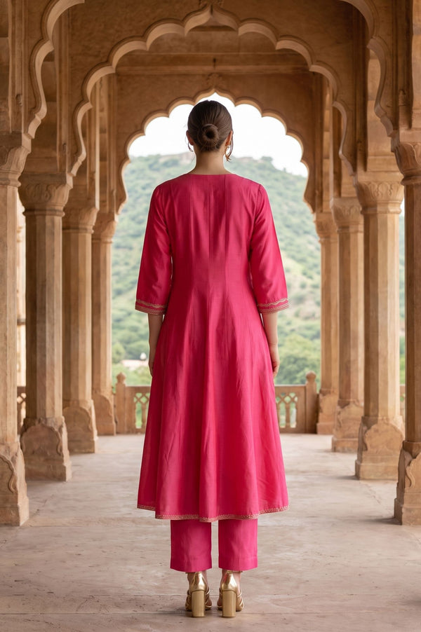 Pink Yarn Dyed Zari Embroidered A-line Kurta