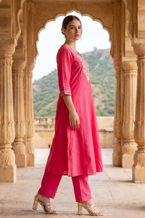Pink Yarn Dyed Zari Embroidered A-line Kurta