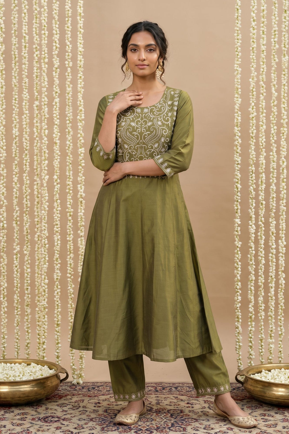 Olive Embroidered Mirror Work A-line Kurta