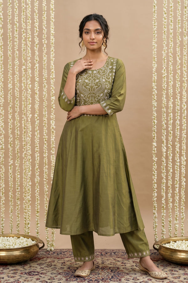 Olive Embroidered Mirror Work A-line Kurta