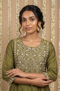 Olive Embroidered Mirror Work A-line Kurta