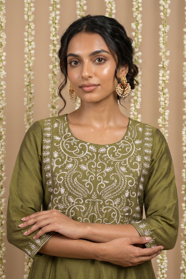 Olive Embroidered Mirror Work A-line Kurta
