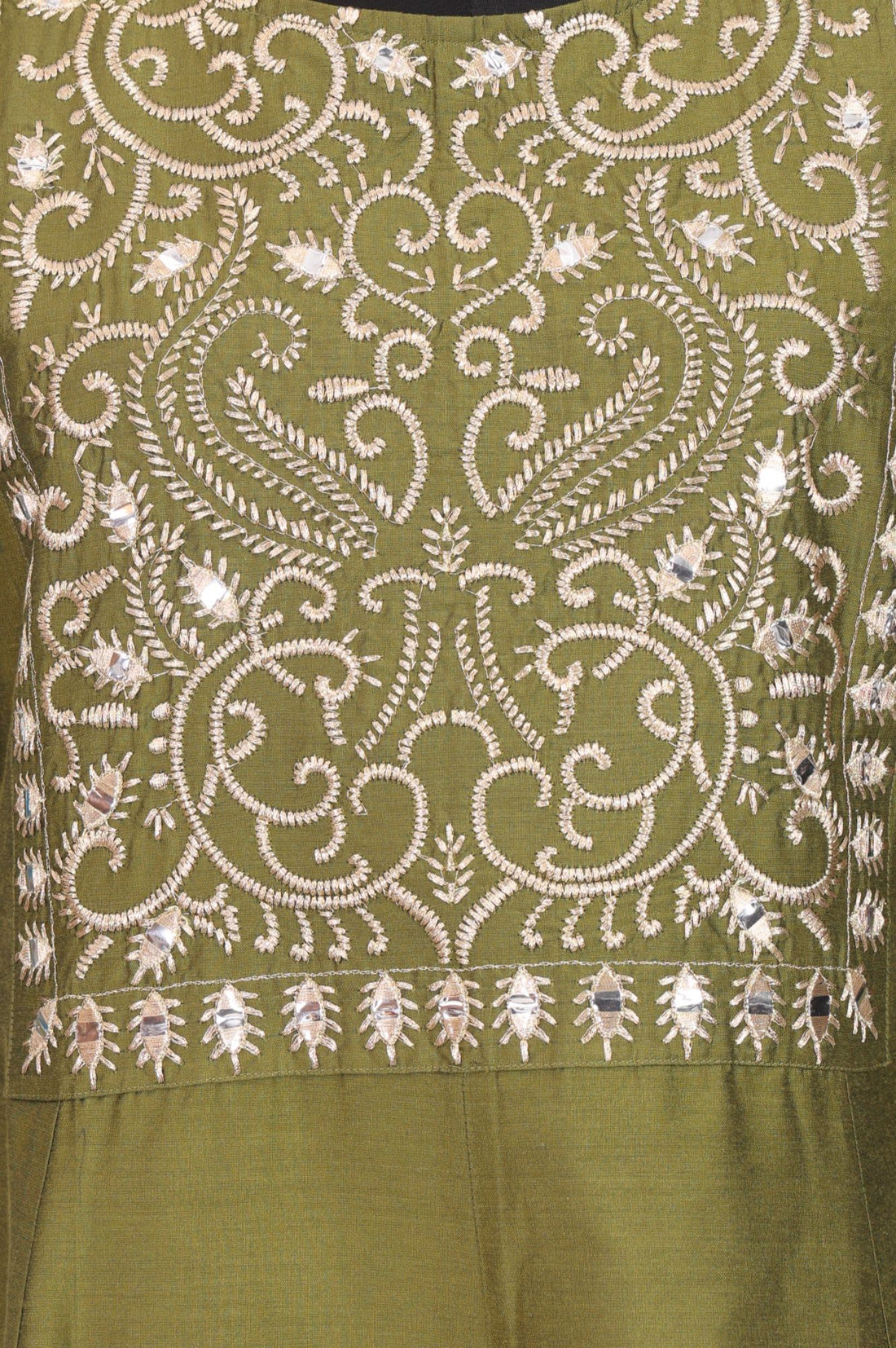 Olive Embroidered Mirror Work A-line Kurta