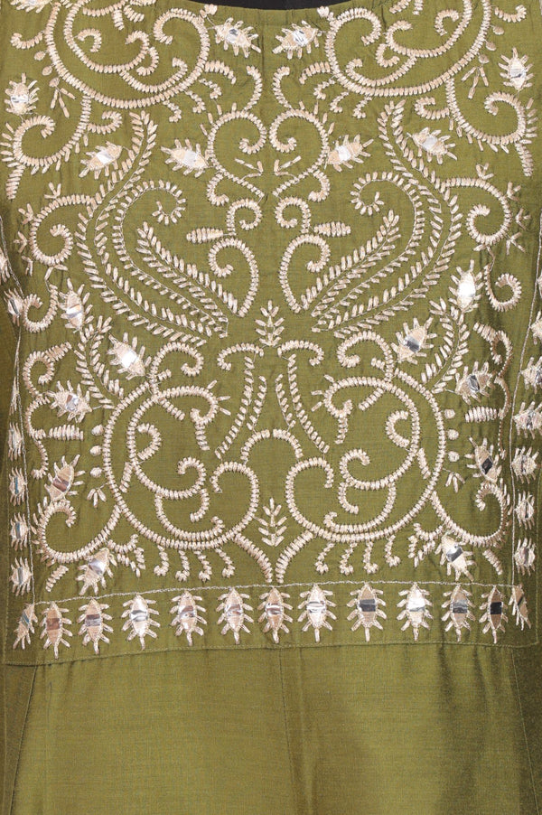 Olive Embroidered Mirror Work A-line Kurta