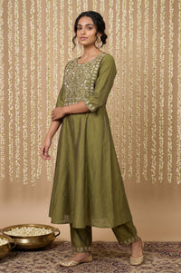 Olive Embroidered Mirror Work A-line Kurta