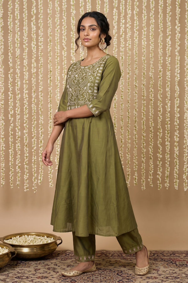 Olive Embroidered Mirror Work A-line Kurta