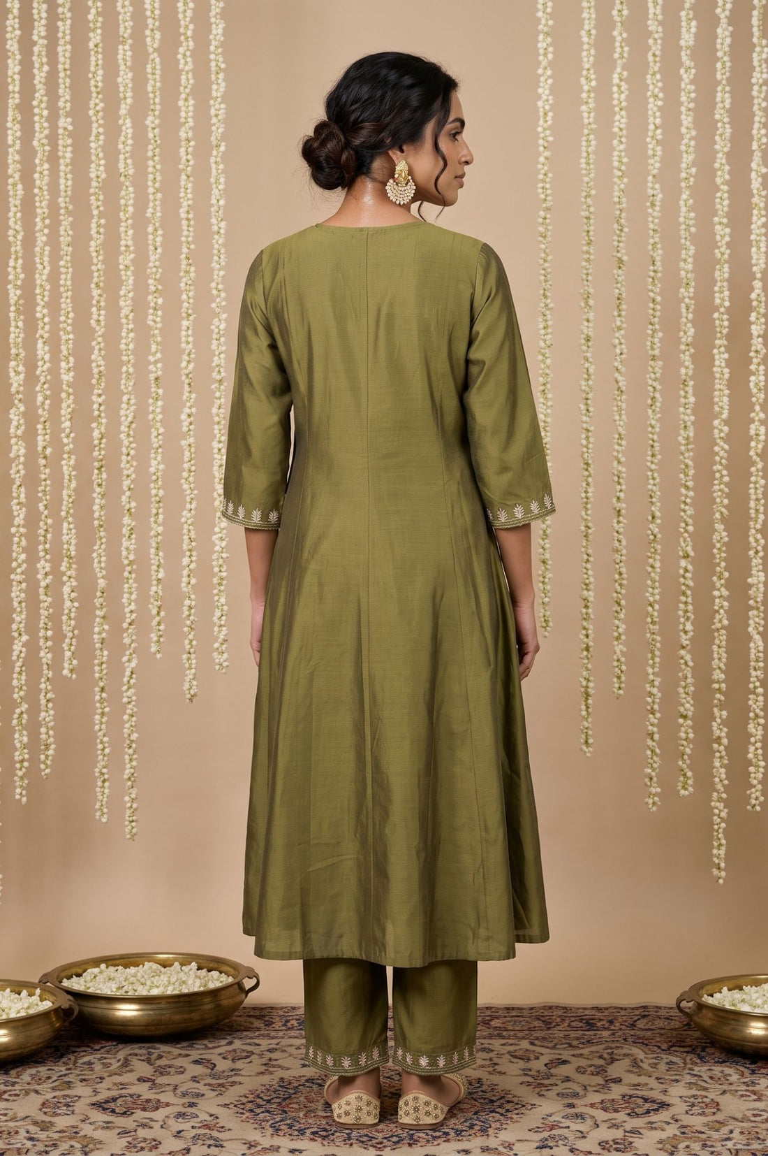 Olive Embroidered Mirror Work A-line Kurta