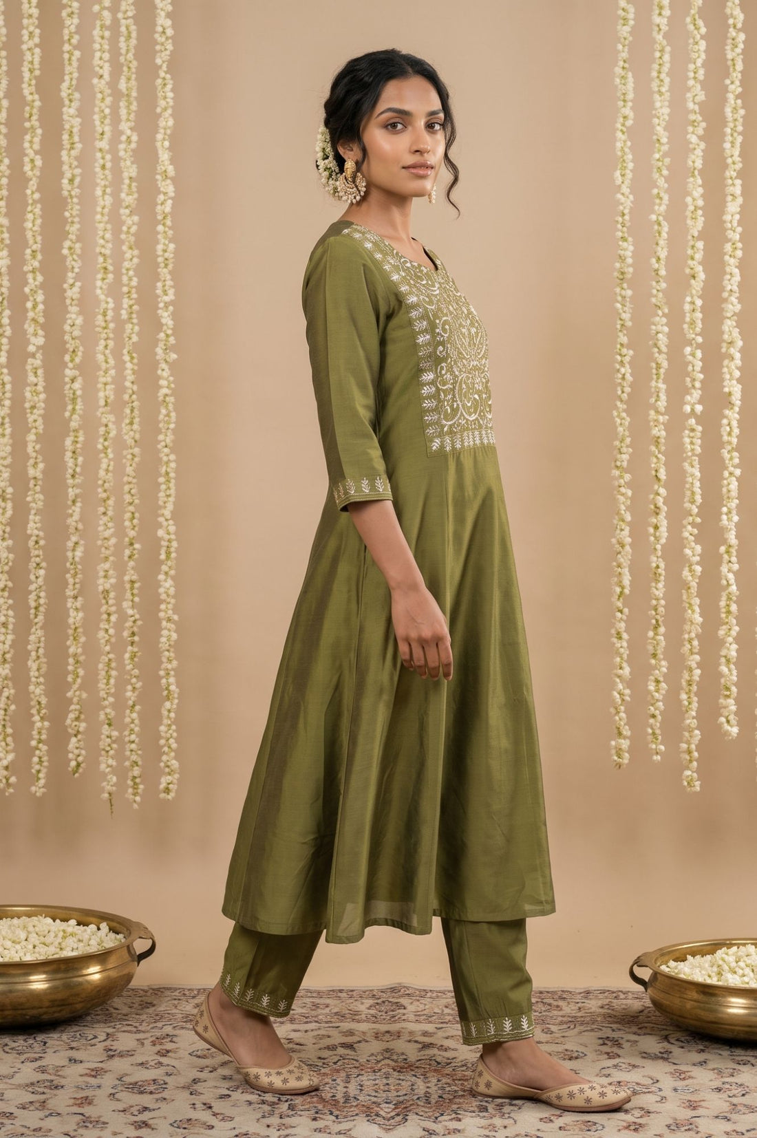 Olive Embroidered Mirror Work A-line Kurta