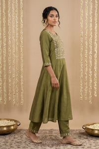 Olive Embroidered Mirror Work A-line Kurta