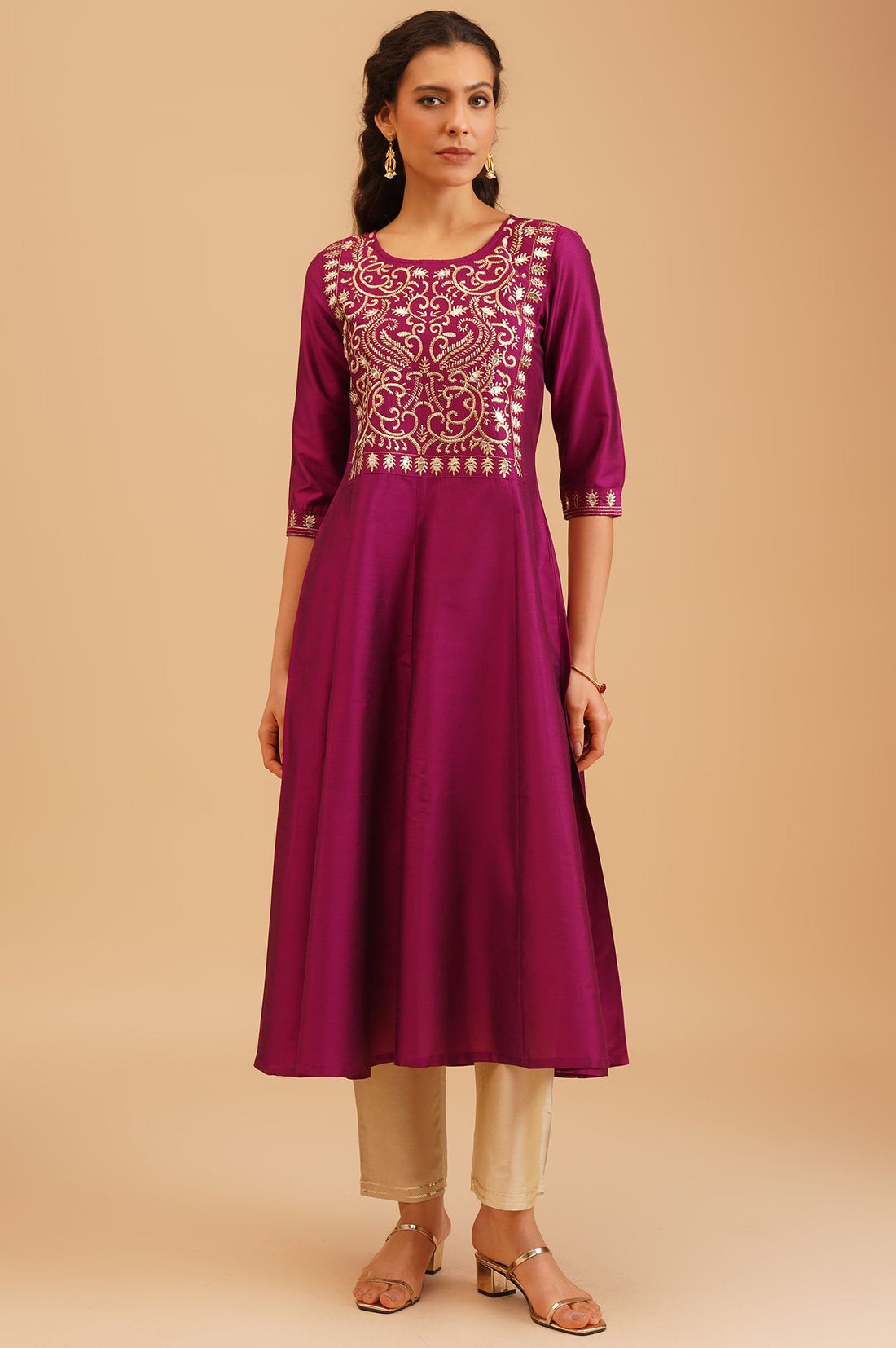 Purple Zari Embroidered A-line Kurta