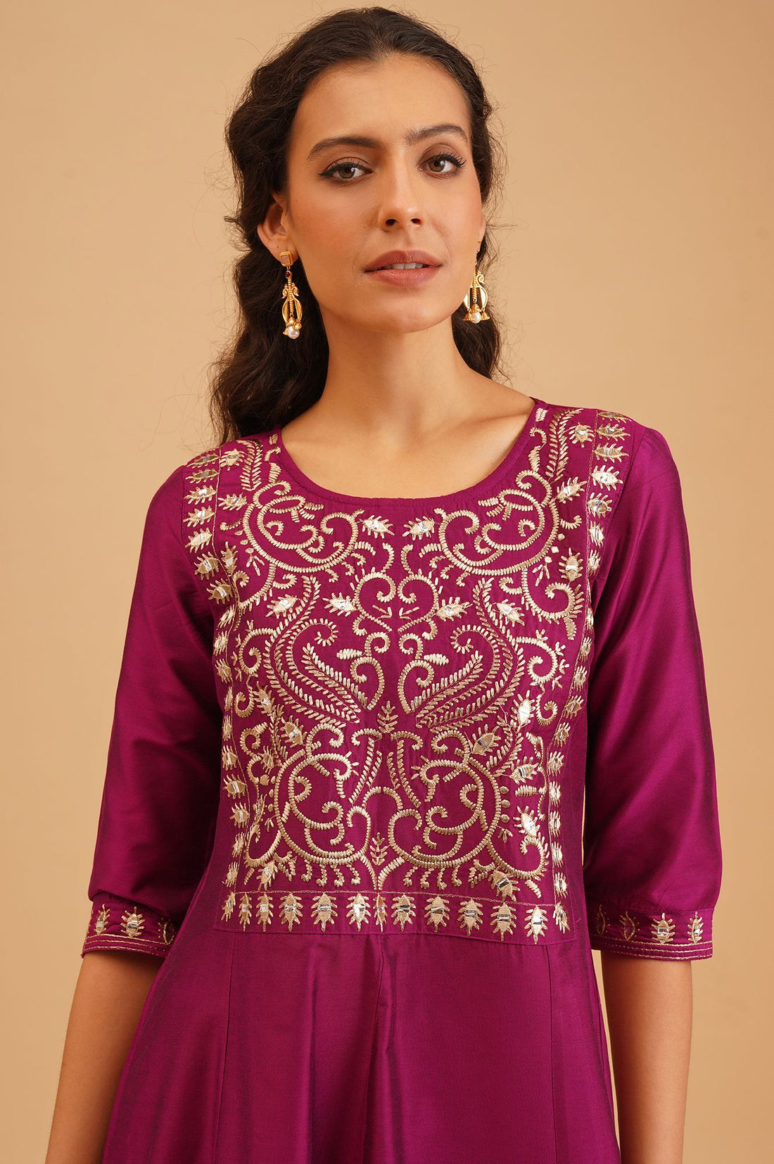 Purple Zari Embroidered A-line Kurta