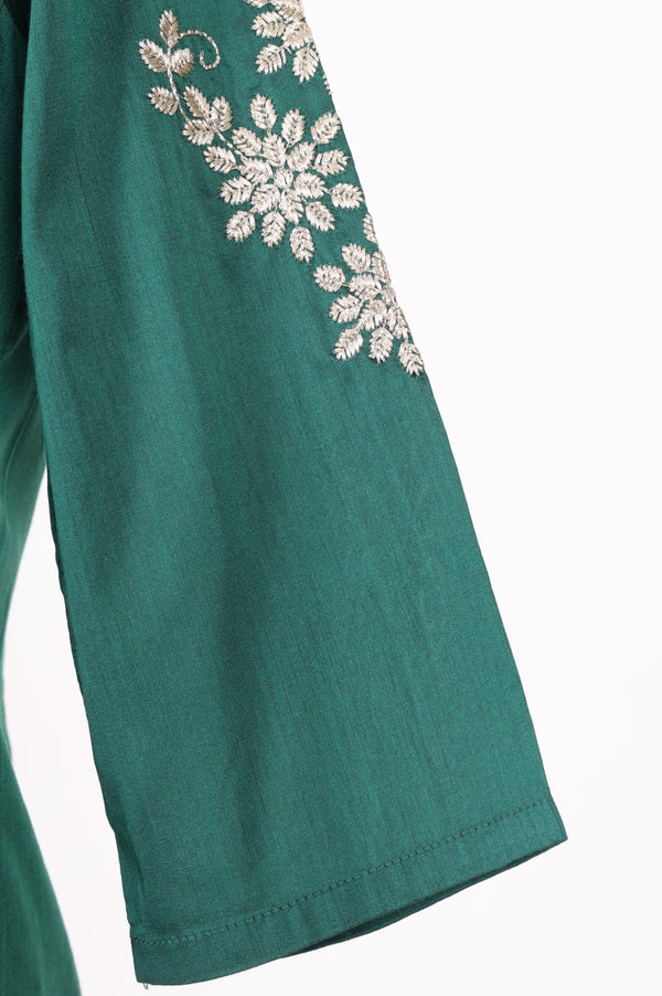 Aurelia Women's Dark Green Yarn Dyed Embroidered Straight Kurta
