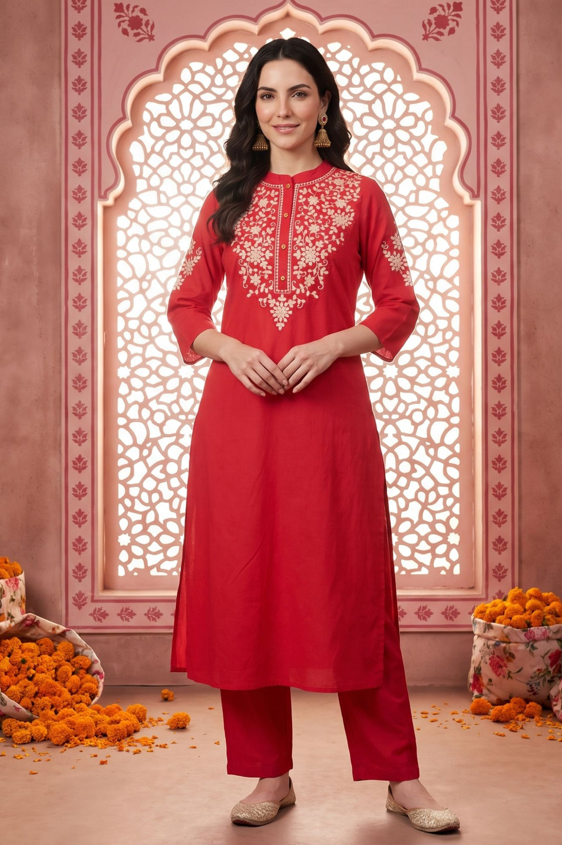 Red Yarn Dyed Embroidered Straight Kurta