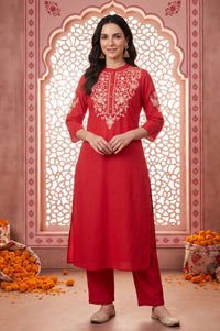 Red Yarn Dyed Embroidered Straight Kurta