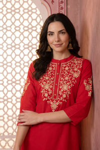 Red Yarn Dyed Embroidered Straight Kurta