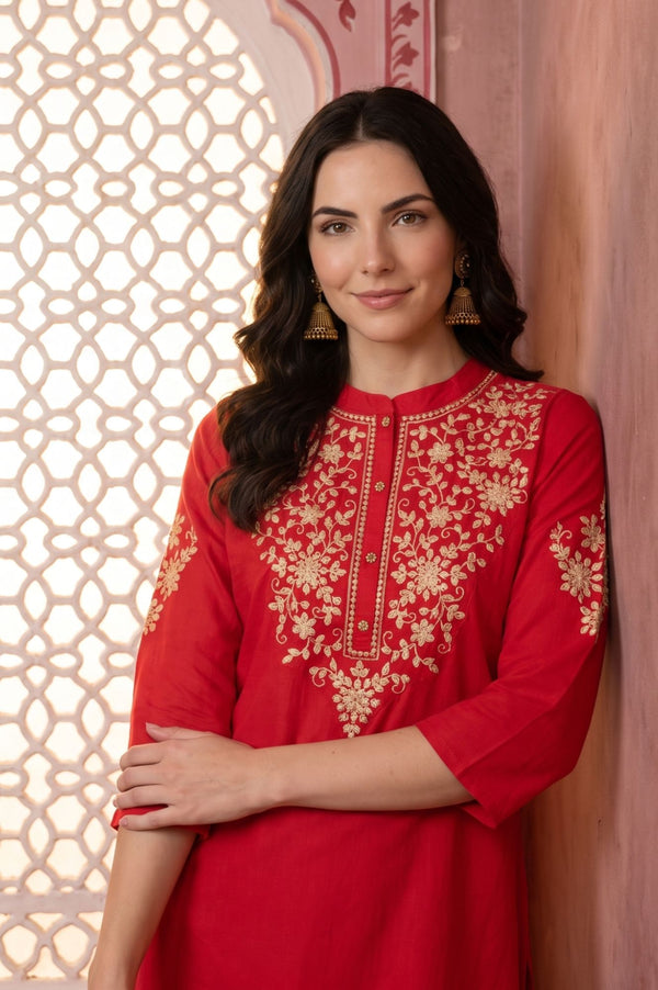 Red Yarn Dyed Embroidered Straight Kurta