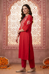 Red Yarn Dyed Embroidered Straight Kurta