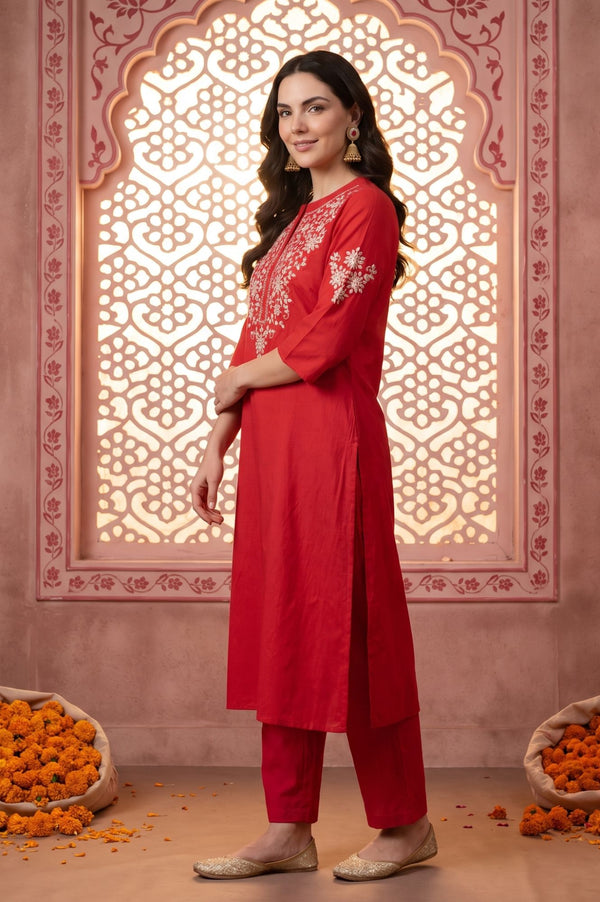 Red Yarn Dyed Embroidered Straight Kurta
