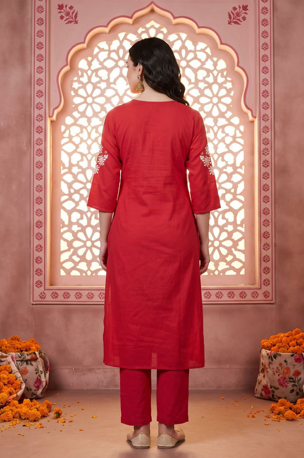 Red Yarn Dyed Embroidered Straight Kurta