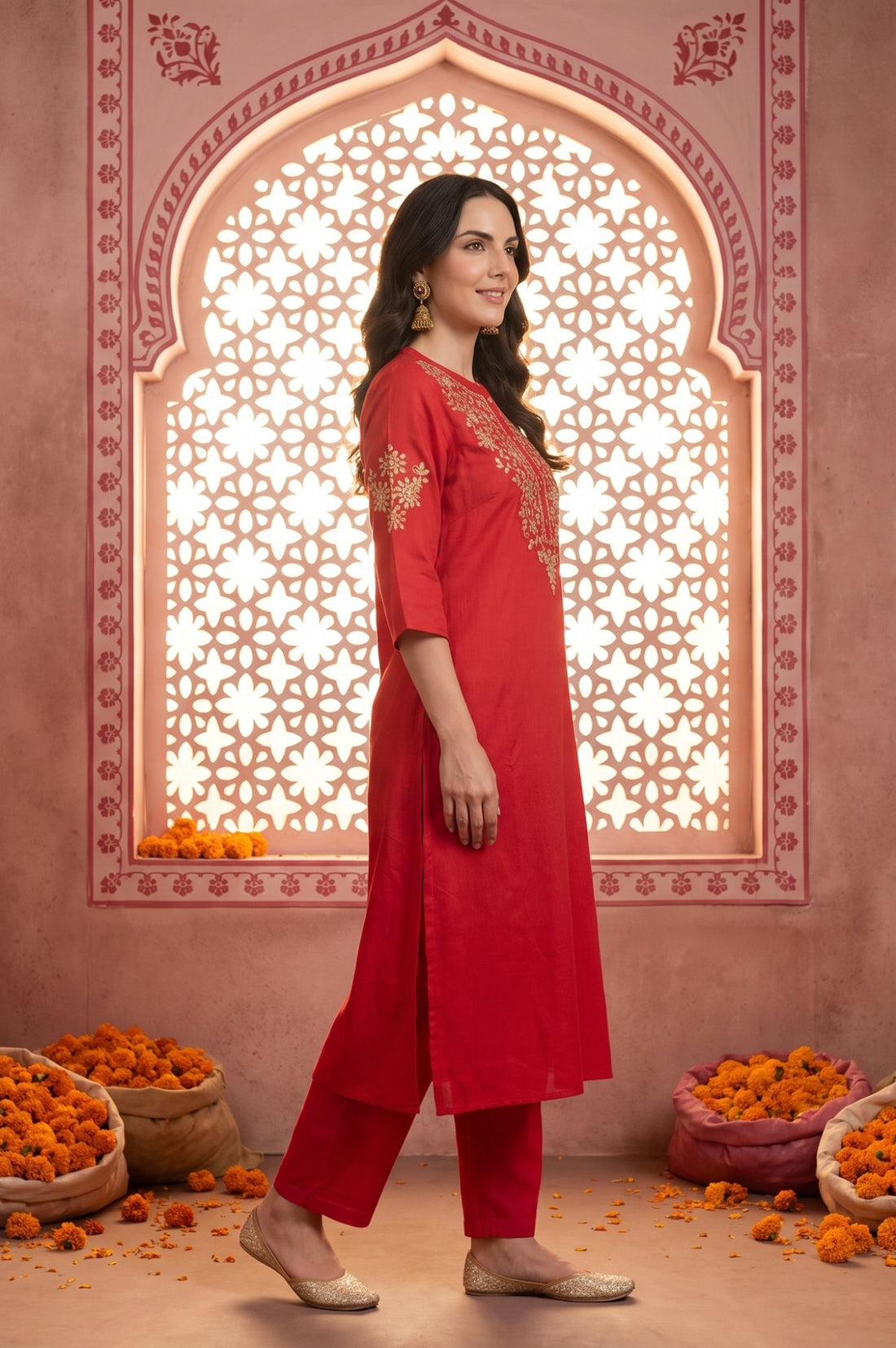 Red Yarn Dyed Embroidered Straight Kurta