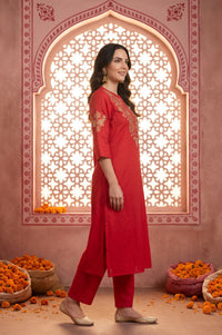 Red Yarn Dyed Embroidered Straight Kurta