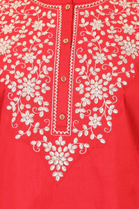 Red Yarn Dyed Embroidered Straight Kurta