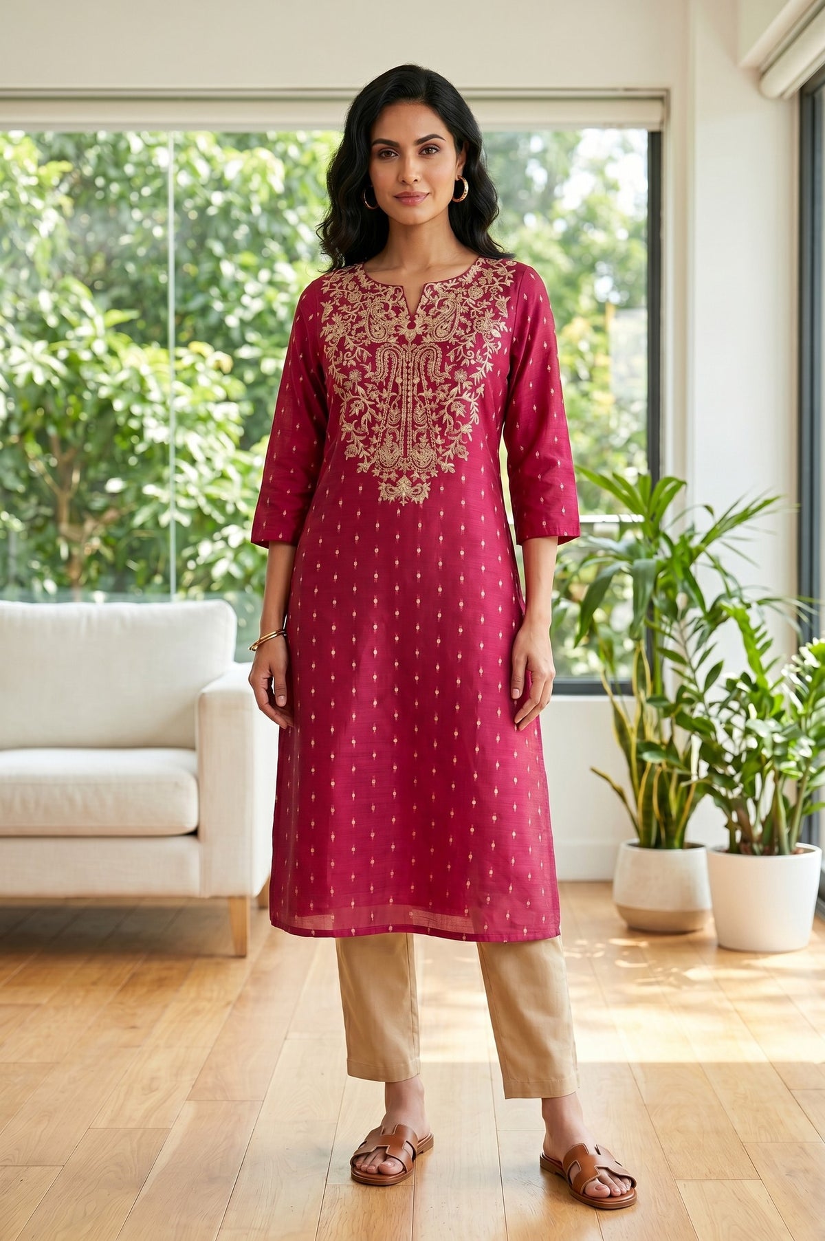 Maroon Thread Embroidered Straight Kurta - S