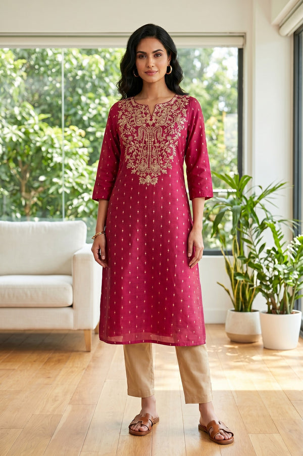 Maroon Thread Embroidered Straight Kurta