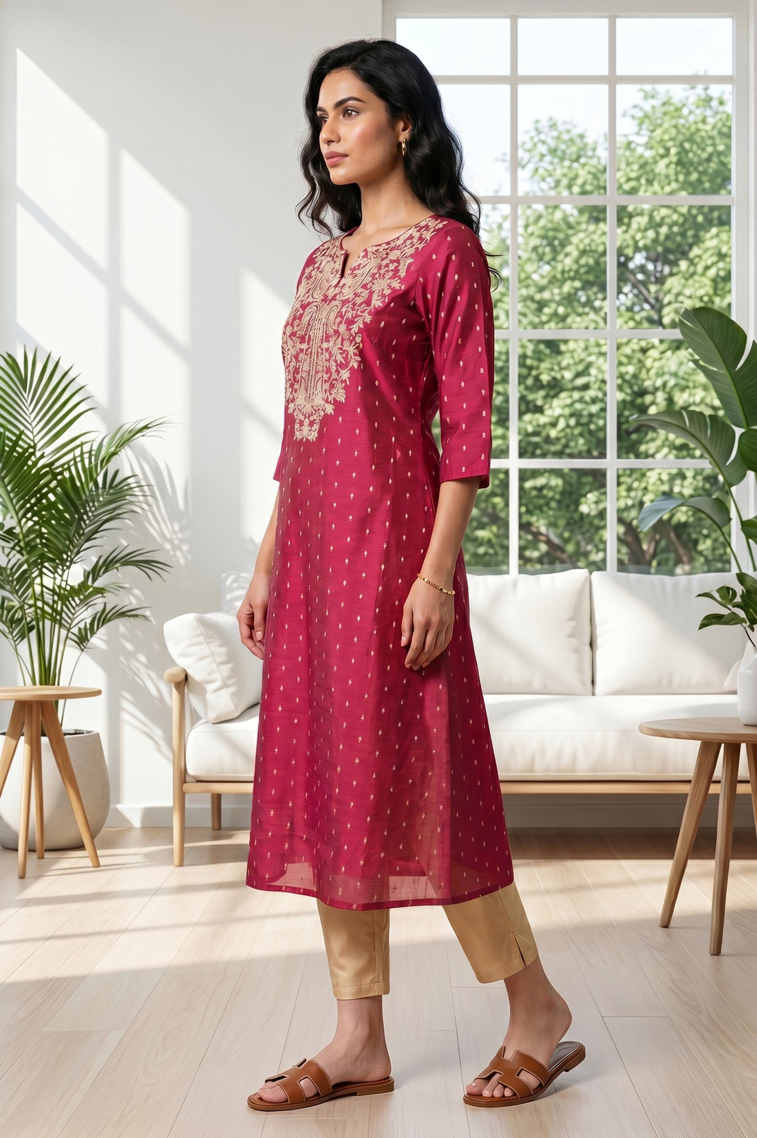 Maroon Thread Embroidered Straight Kurta