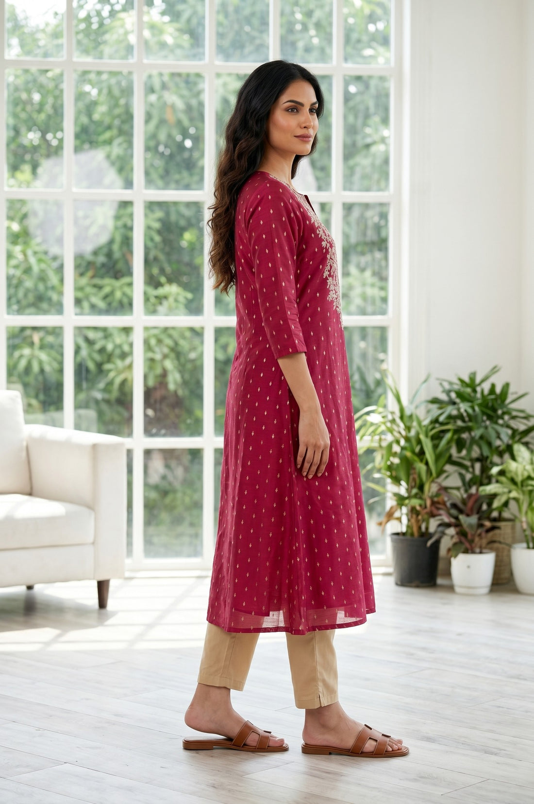 Maroon Thread Embroidered Straight Kurta