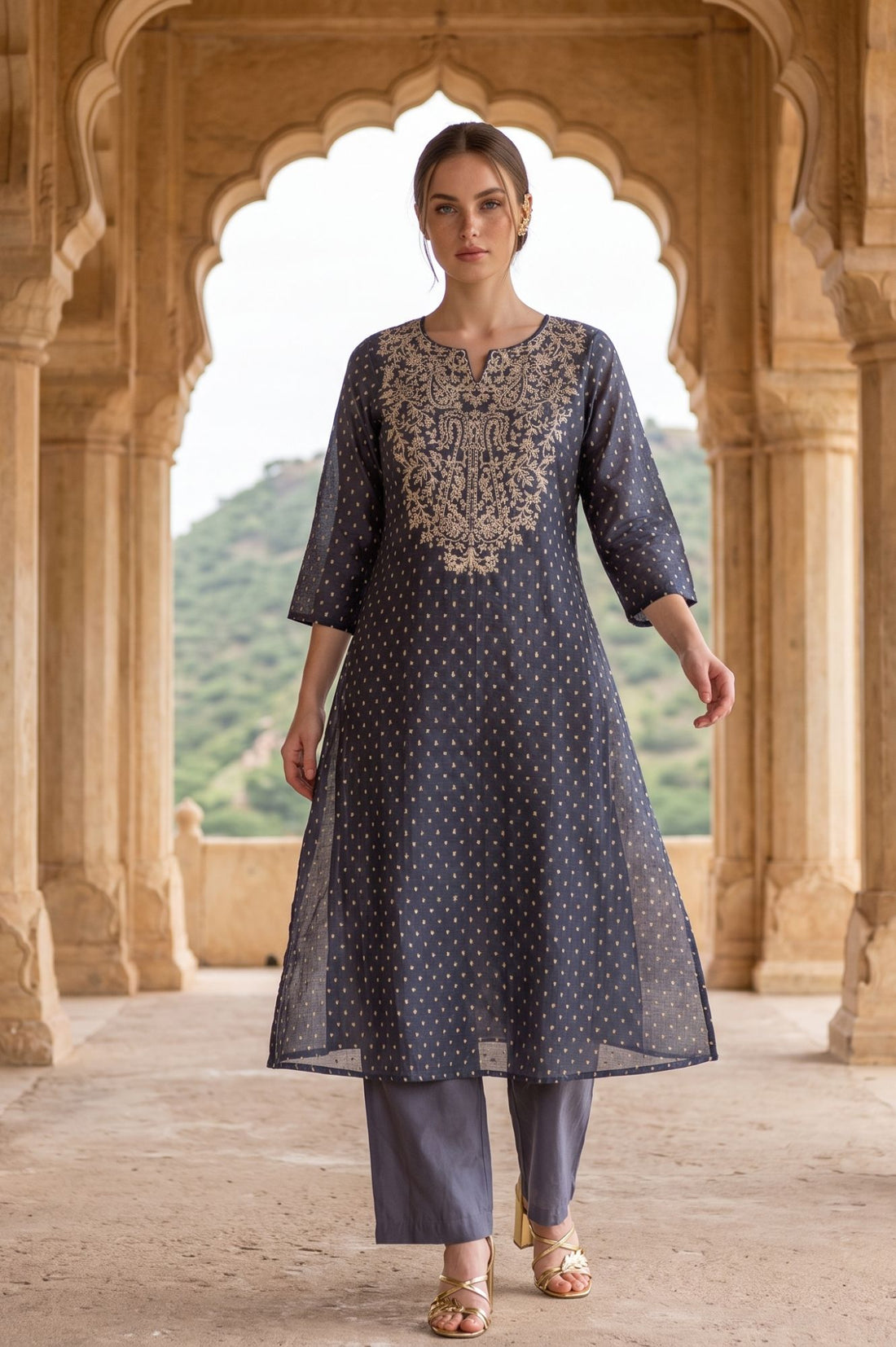 Navy Blue Embroidered Yarn Dyed Chanderi Straight Kurta
