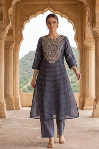 Navy Blue Embroidered Yarn Dyed Chanderi Straight Kurta
