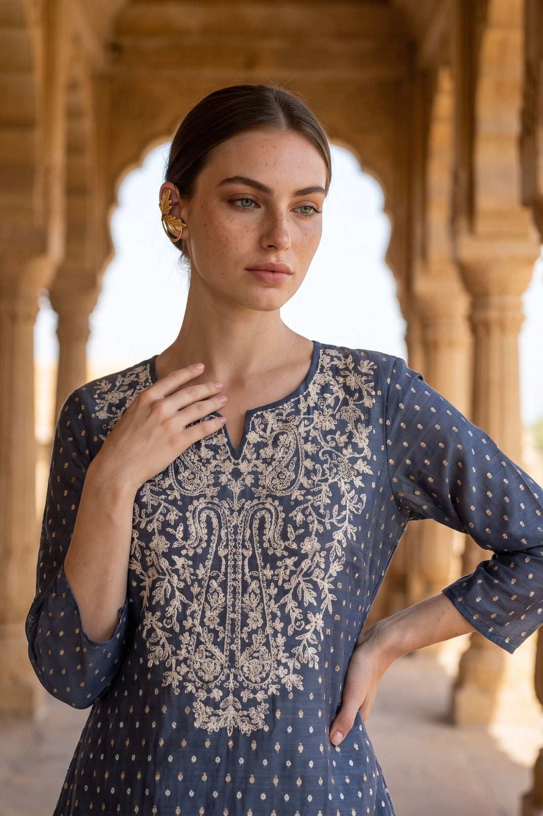 Navy Blue Embroidered Yarn Dyed Chanderi Straight Kurta