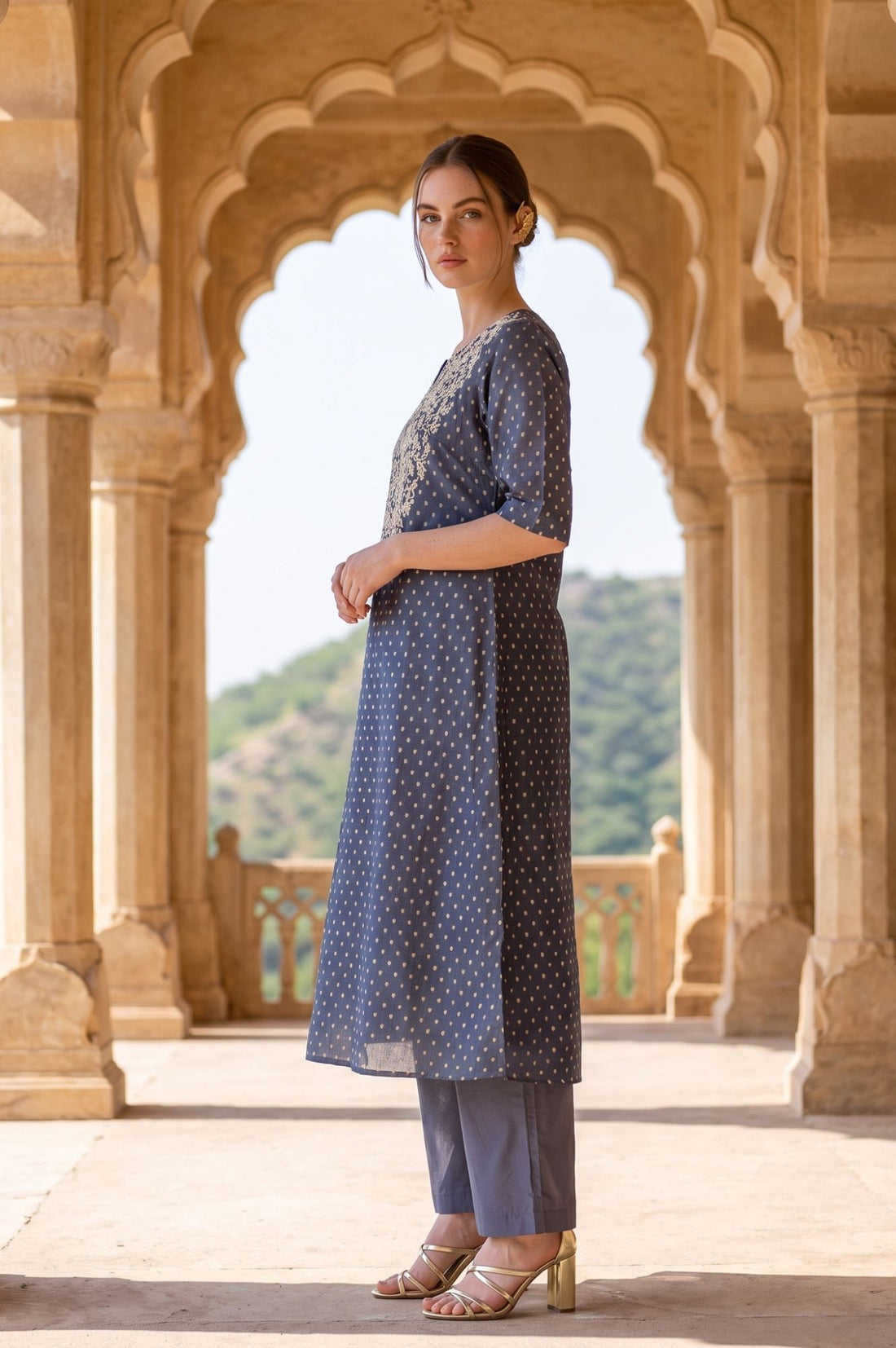 Navy Blue Embroidered Yarn Dyed Chanderi Straight Kurta