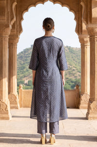 Navy Blue Embroidered Yarn Dyed Chanderi Straight Kurta