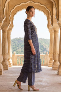 Navy Blue Embroidered Yarn Dyed Chanderi Straight Kurta
