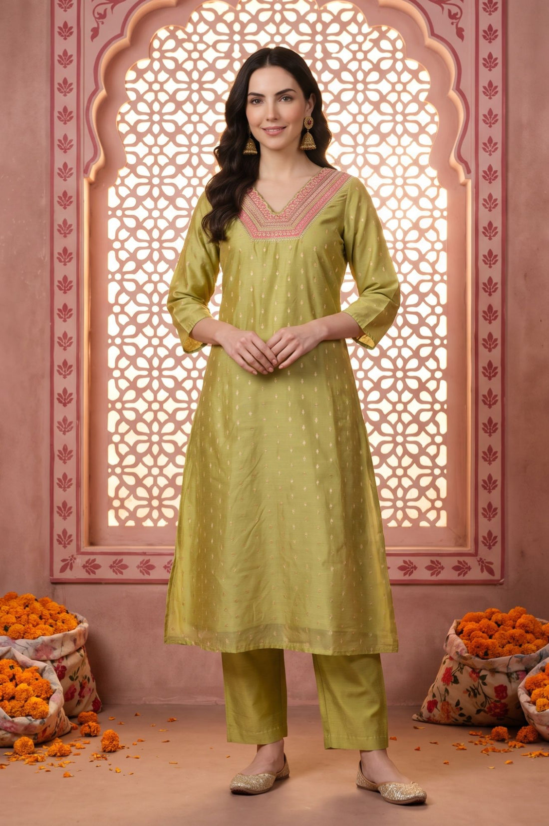 Green Textured Yarn Dyed Embroidered Chanderi A-line Kurta