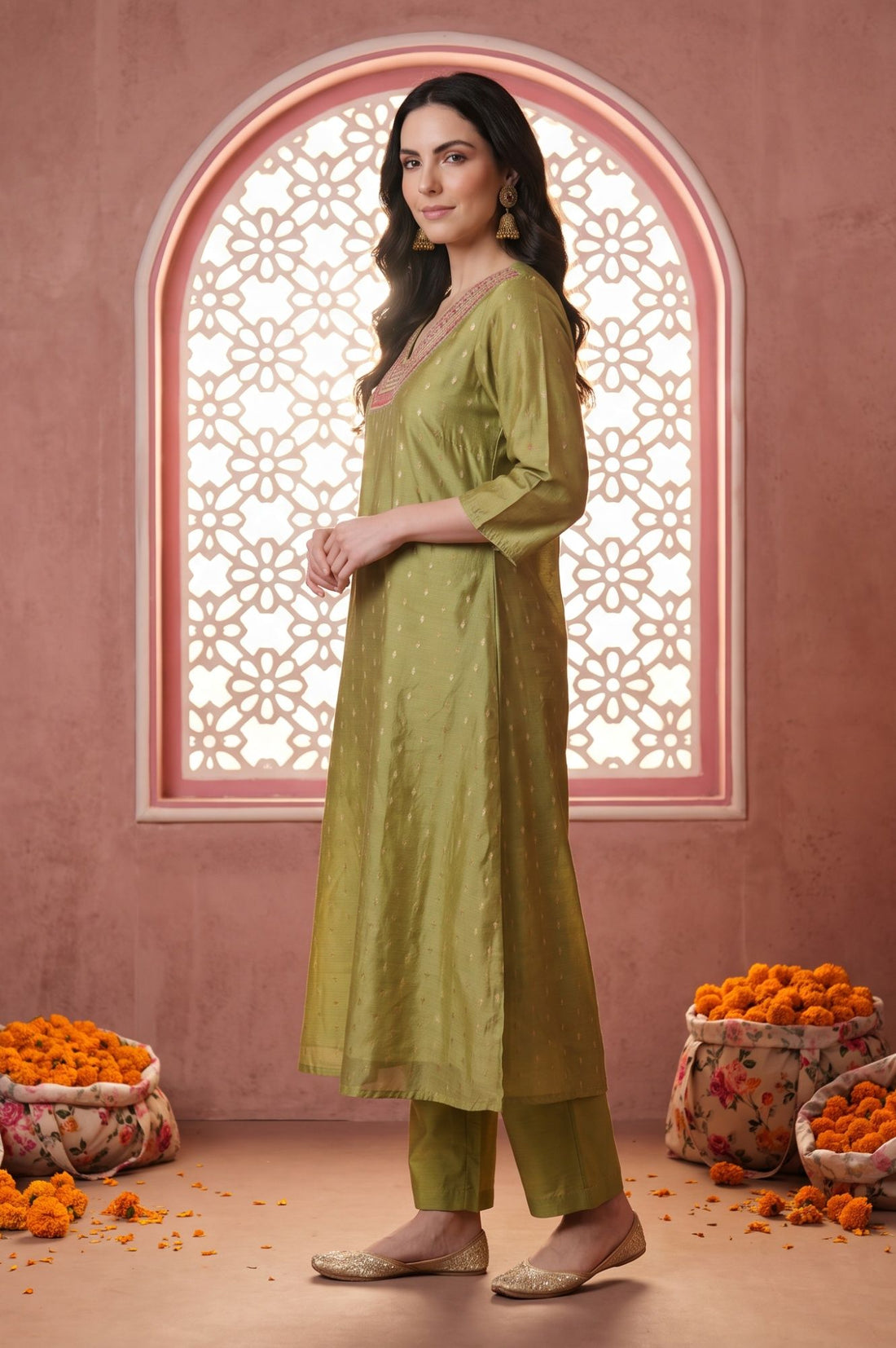Green Textured Yarn Dyed Embroidered Chanderi A-line Kurta