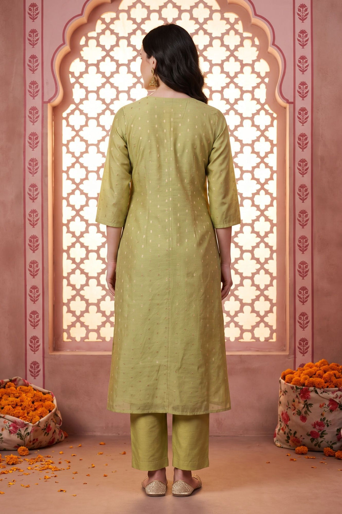 Green Textured Yarn Dyed Embroidered Chanderi A-line Kurta